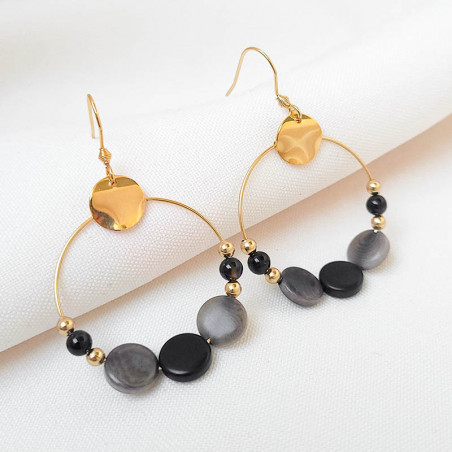 Boucles d'oreilles dorées en ivoire végétal grises et noires