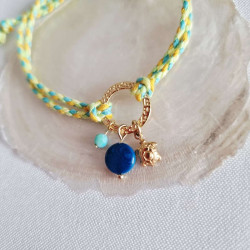 Bracelet bleu/vert/jaune -ivoire vegetal - breloque tortue