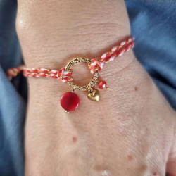 Bracelet réglable composé de breloques en tagua, couleur rouge, et breloque au choix en acier inoxydable